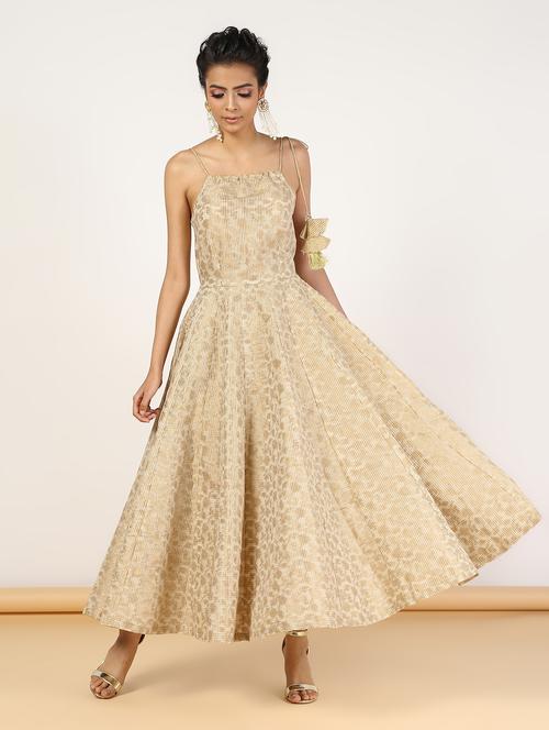 gold chanderi fit & flare ethnic dress - 16484749 - Very Small Image - 1