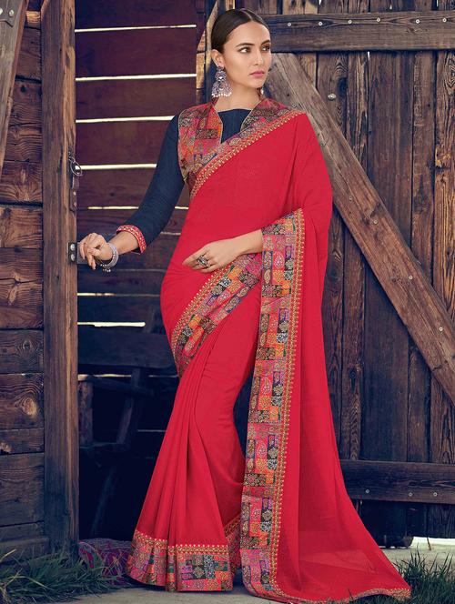 printed lace border saree with blouse - 16490166 - Standard Image - 1