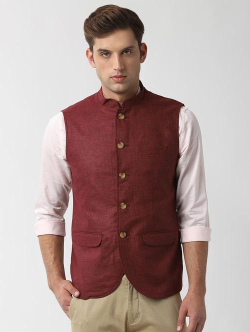 red woven nehru jacket - 16493739 - Very Small Image - 1