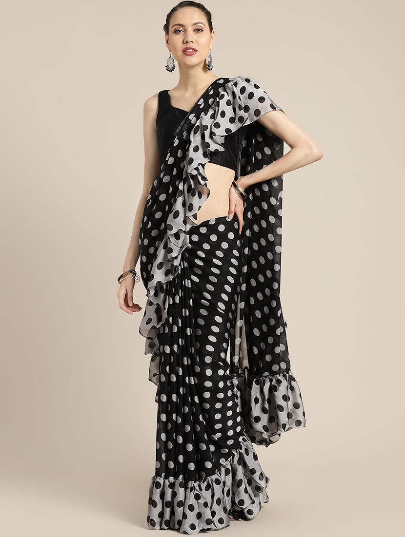 polka dots ruffled saree with blouse - 16495894 - Zoom Image - 1