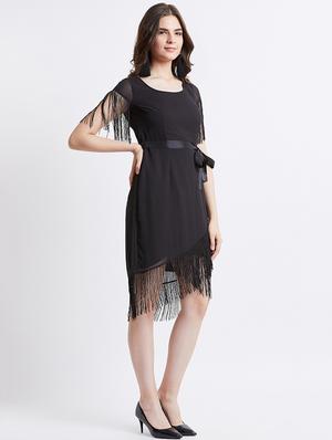 tie front fringed hem asymmetric dress - 16496905 - Standard Image - 3