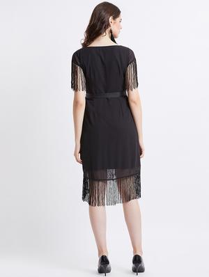 tie front fringed hem asymmetric dress - 16496905 - Standard Image - 4