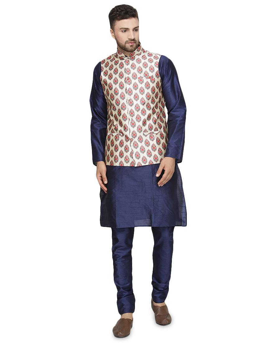 blue silk blend kurta pyjama set with beige printed nehru jacket - 16500272 - Zoom Image - 1