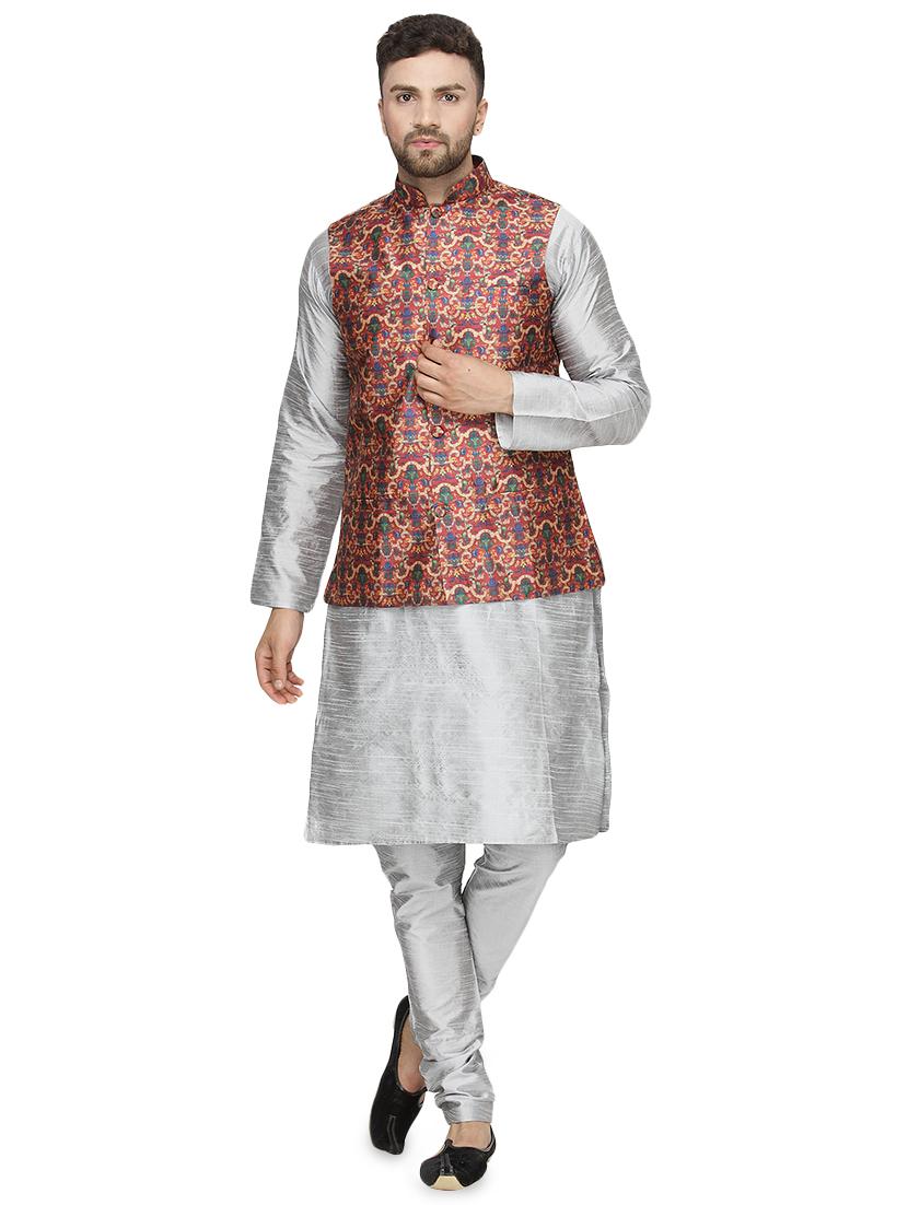grey silk blend kurta pyjama set with red printed nehru jacket - 16500279 - Zoom Image - 1