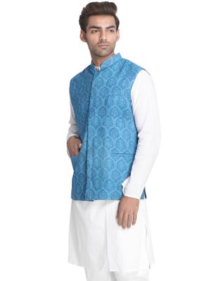 blue printed nehru jacket - 16501525 - Standard Image - 2