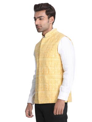 yellow printed nehru jacket - 16501528 - Standard Image - 2