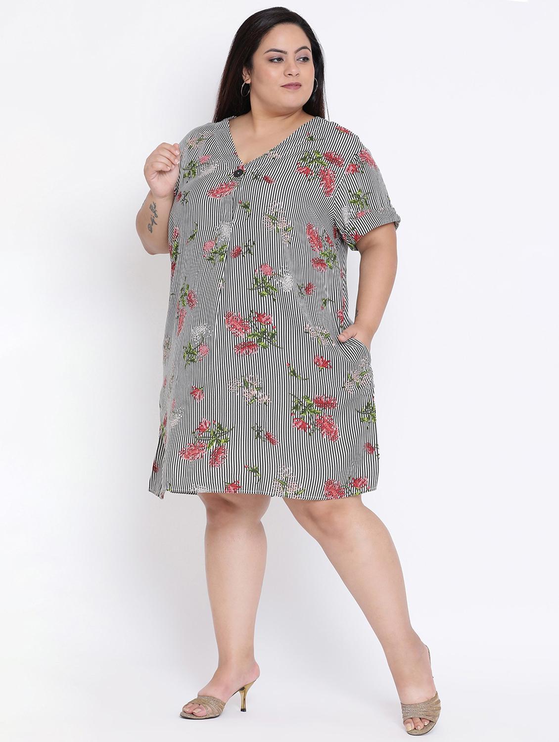 v neck striped a-line plus dress - 16506785 - Zoom Image - 1