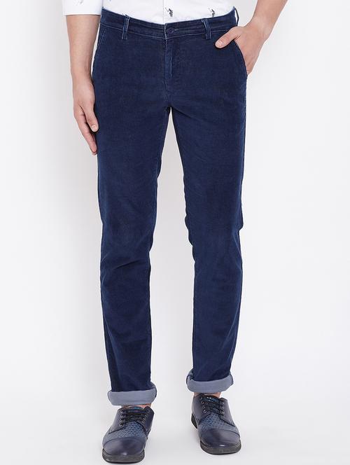 navy blue solid corduroy casual trouser - 16509407 - Standard Image - 1