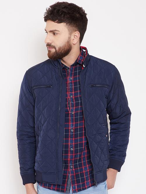 navy blue solid quilted jacket - 16509455 - Standard Image - 1