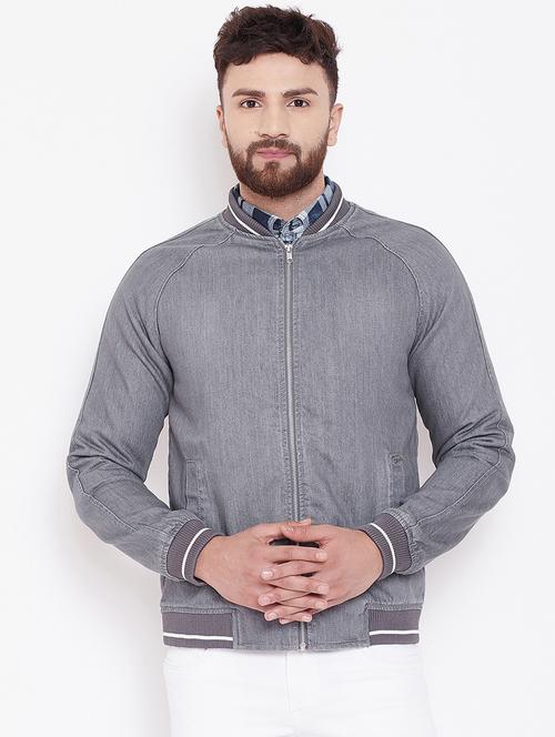 grey solid denim jacket - 16509456 - Standard Image - 1