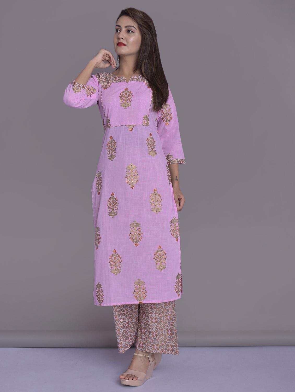 pink cotton kurta palazzo set - 16513054 - Zoom Image - 1