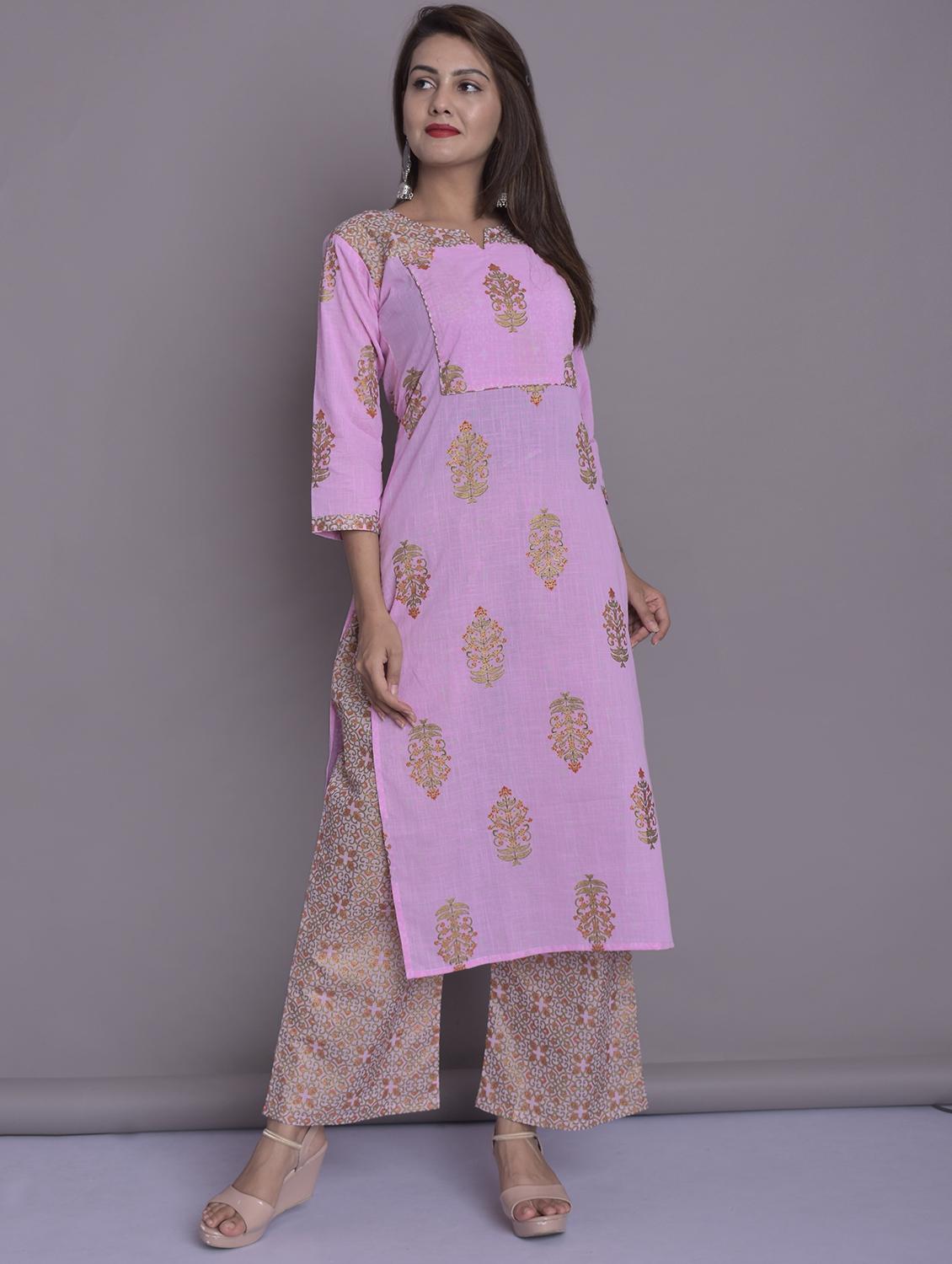 pink cotton kurta palazzo set - 16513054 - Zoom Image - 2