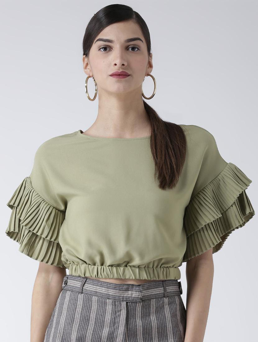 pleated bell sleeved solid crop top - 16513096 - Zoom Image - 1