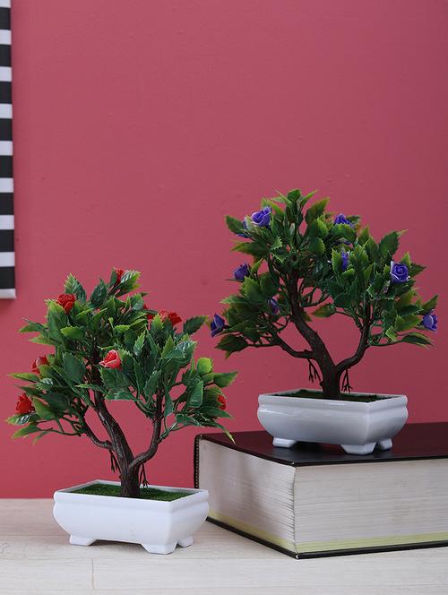 artificial 3 branch bonsai trees combo with shemrock leaves, red and dark purple roses - 16513458 - Standard Image - 1