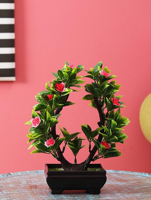 artificial u shaped bonsai tree with green leaves and pink roses - 16513468 - Standard Image - 1