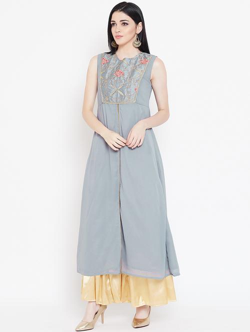 embroidered a-line front slit kurta - 16514768 - Standard Image - 1