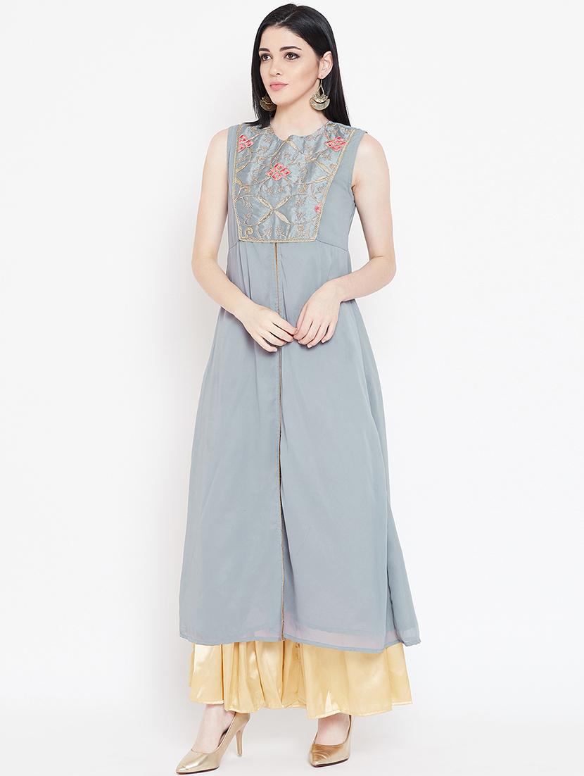 embroidered a-line front slit kurta - 16514768 - Zoom Image - 1