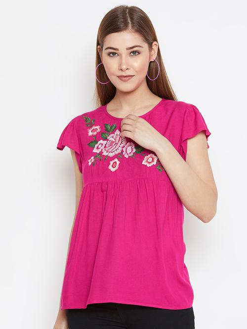 gathered detail embroidered detail top - 16517547 - Standard Image - 1