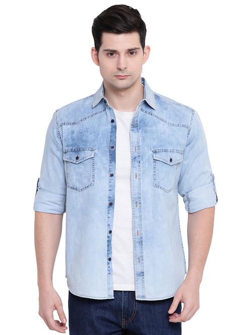 blue denim casual shirt - 16518054 - Standard Image - 1