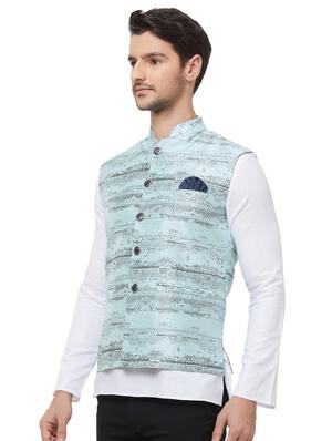 blue silk blend printed nehru jacket - 16518143 - Standard Image - 2