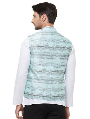blue silk blend printed nehru jacket - 16518143 - Standard Image - 3