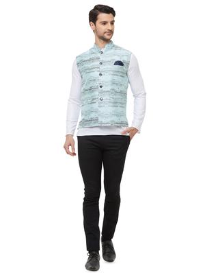 blue silk blend printed nehru jacket - 16518143 - Standard Image - 4