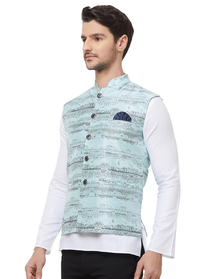 blue silk blend printed nehru jacket - 16518143 - Zoom Image - 2