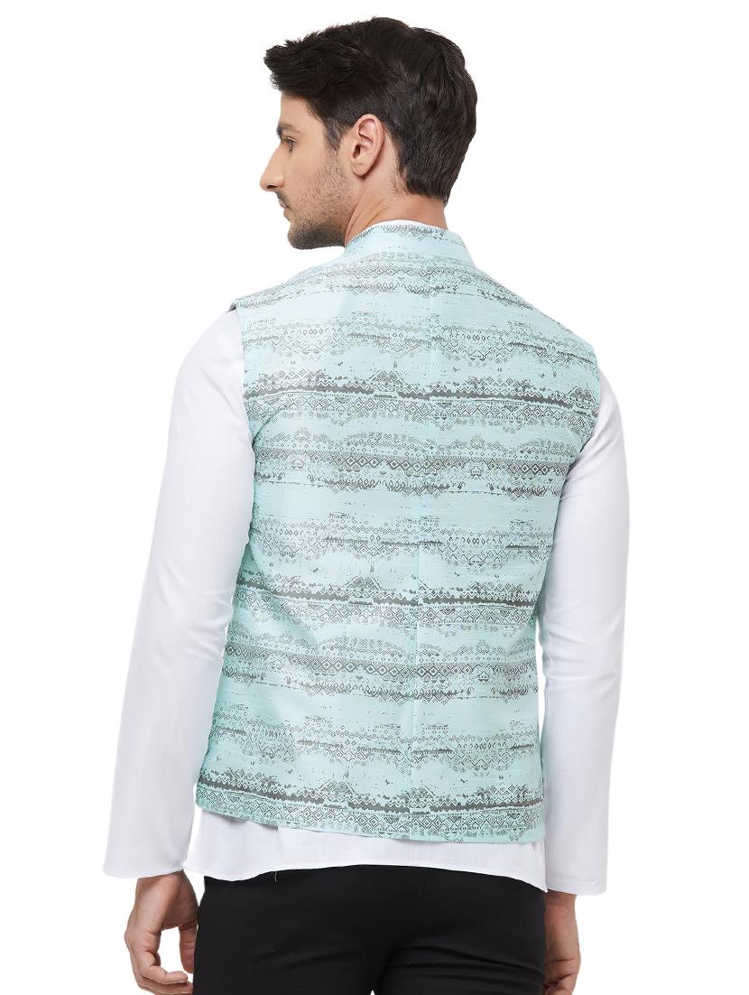 blue silk blend printed nehru jacket - 16518143 - Zoom Image - 3
