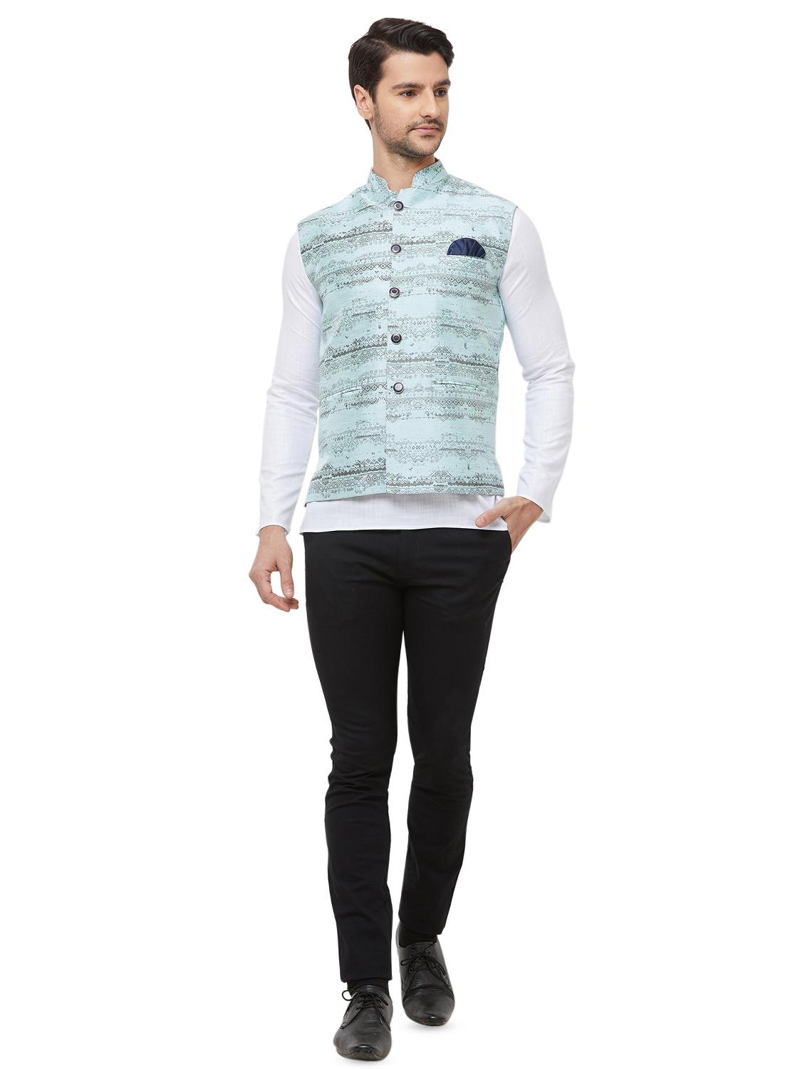 blue silk blend printed nehru jacket - 16518143 - Zoom Image - 4