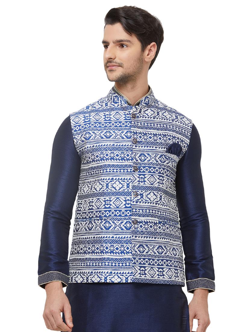 blue silk blend printed nehru jacket - 16518146 - Zoom Image - 1