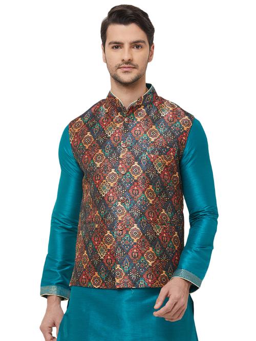 blue printed nehru jacket - 16518154 - Standard Image - 1