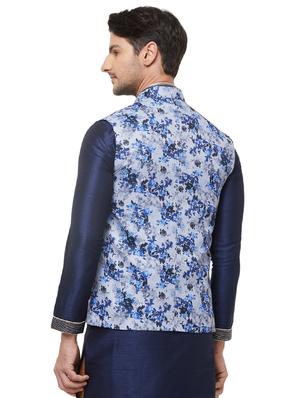 blue silk blend floral print nehru jacket - 16518159 - Standard Image - 3