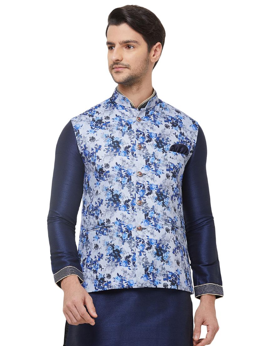 blue silk blend floral print nehru jacket - 16518159 - Zoom Image - 1