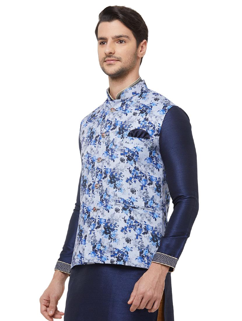 blue silk blend floral print nehru jacket - 16518159 - Zoom Image - 2