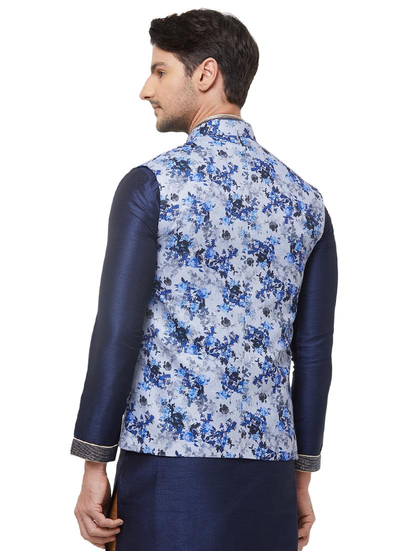 blue silk blend floral print nehru jacket - 16518159 - Zoom Image - 3