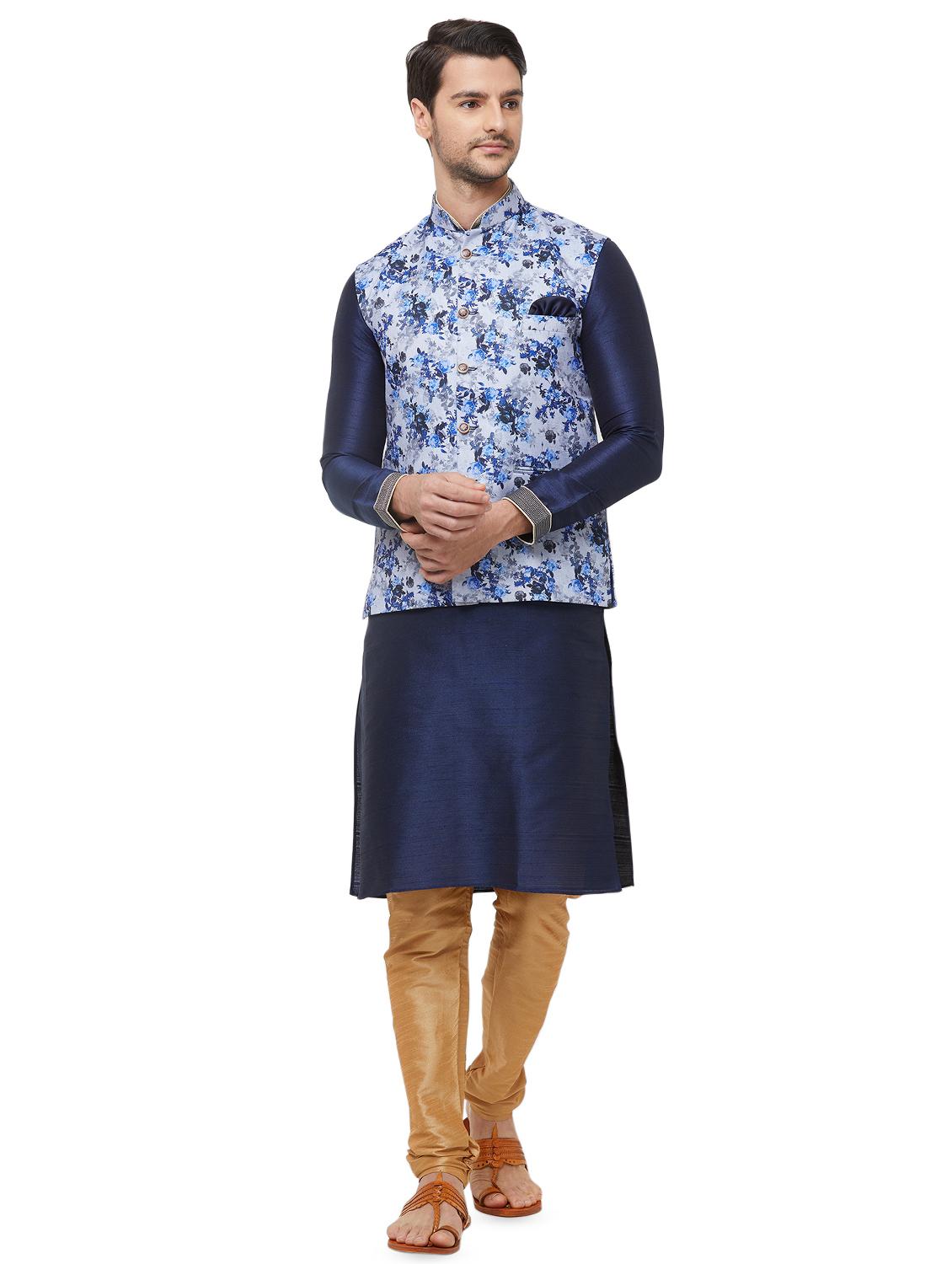 blue silk blend floral print nehru jacket - 16518159 - Zoom Image - 4
