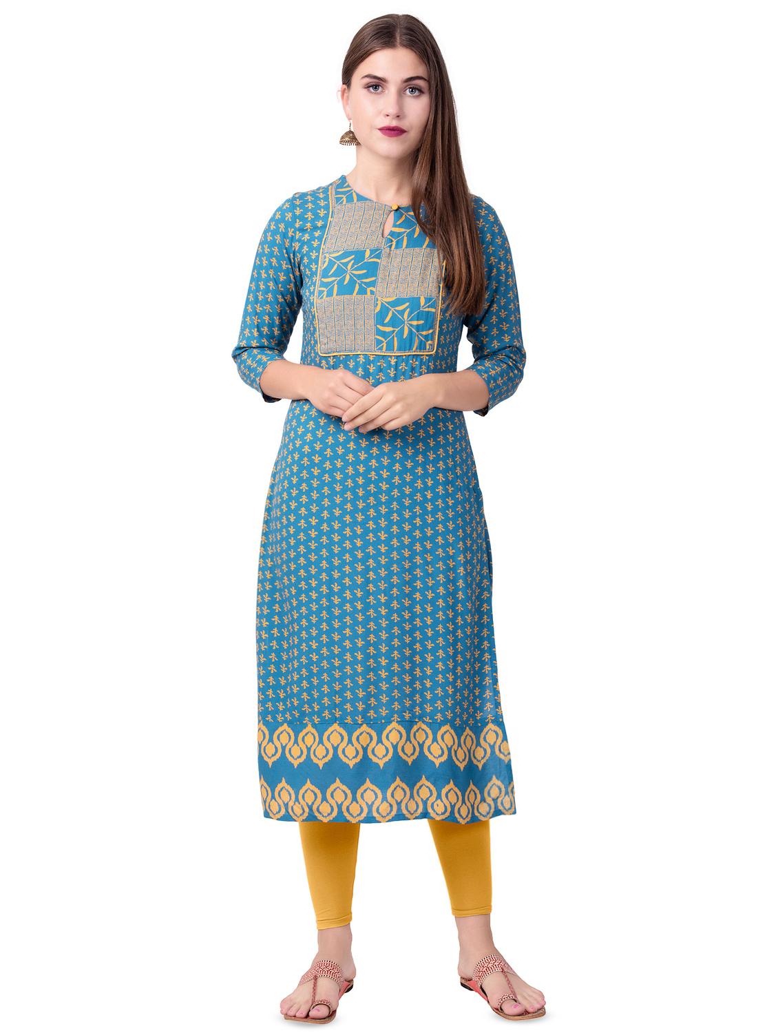 turquoise straight kurta - 16519558 - Zoom Image - 1