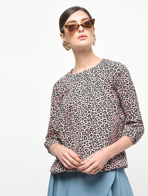 round neck animal print blouson top - 16523882 - Standard Image - 1