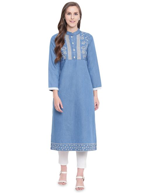 embroidered denim straight kurta - 16524411 - Standard Image - 1