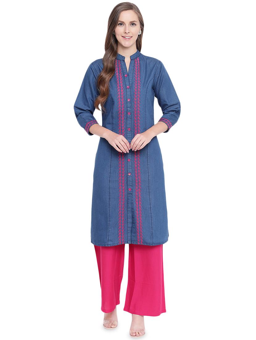 embroidered denim straight kurta - 16524414 - Zoom Image - 1