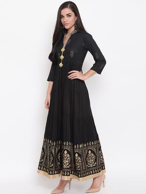 block printed tiered flared ethnic dress - 16526799 - Standard Image - 2