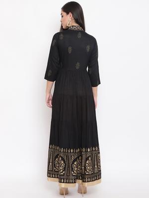 block printed tiered flared ethnic dress - 16526799 - Standard Image - 3