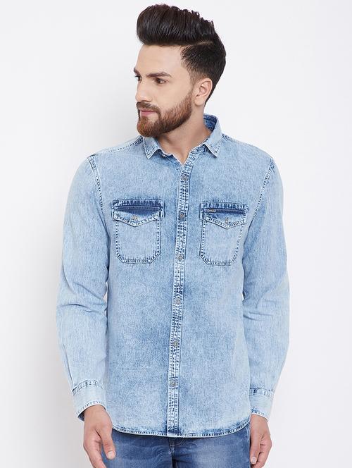 light blue faded denim casual shirt - 16528146 - Standard Image - 1