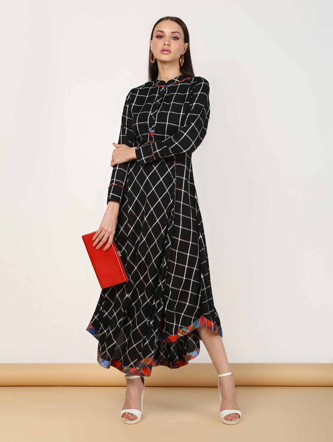 checkered asymmetric flared ethnic dress - 16528487 - Zoom Image - 1