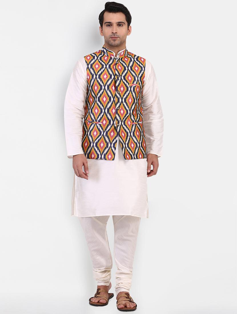 white silk blend kurta pyjama set with nehru jacket - 16531153 - Zoom Image - 1