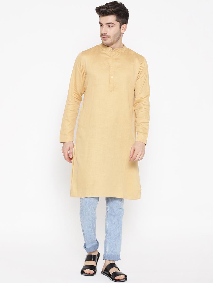 beige solid long kurta - 16532603 - Zoom Image - 1