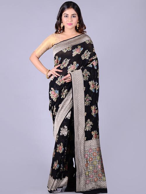 floral banarasi saree with blouse - 16545773 - Very Small Image - 1