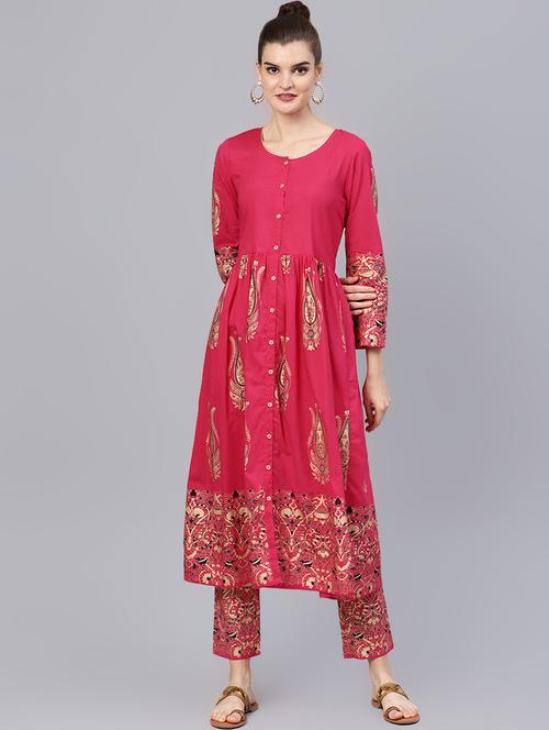 fuchsia cotton kurta pant set - 16546088 - Standard Image - 1