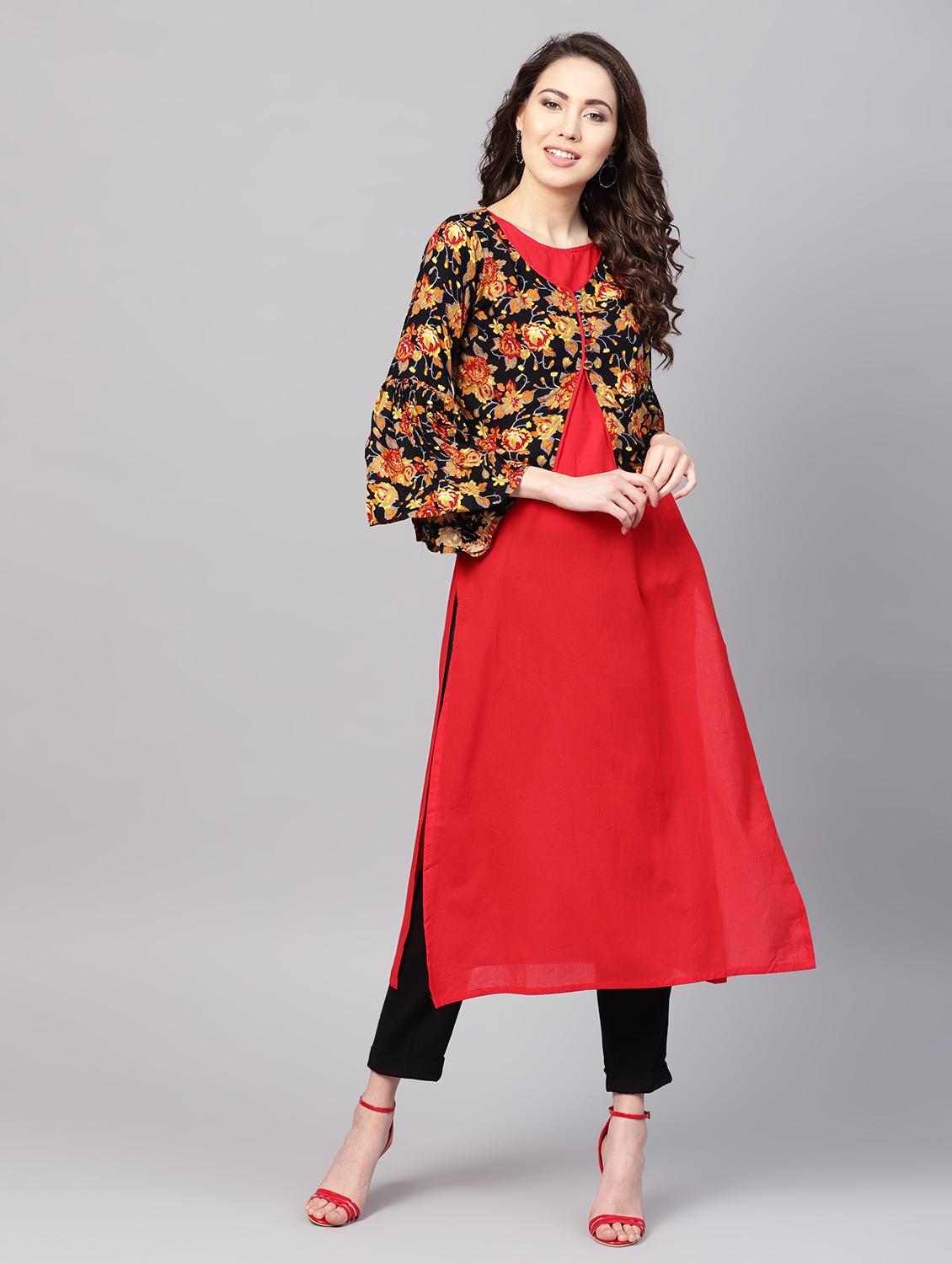 solid straight kurta with jacket - 16546551 - Zoom Image - 1