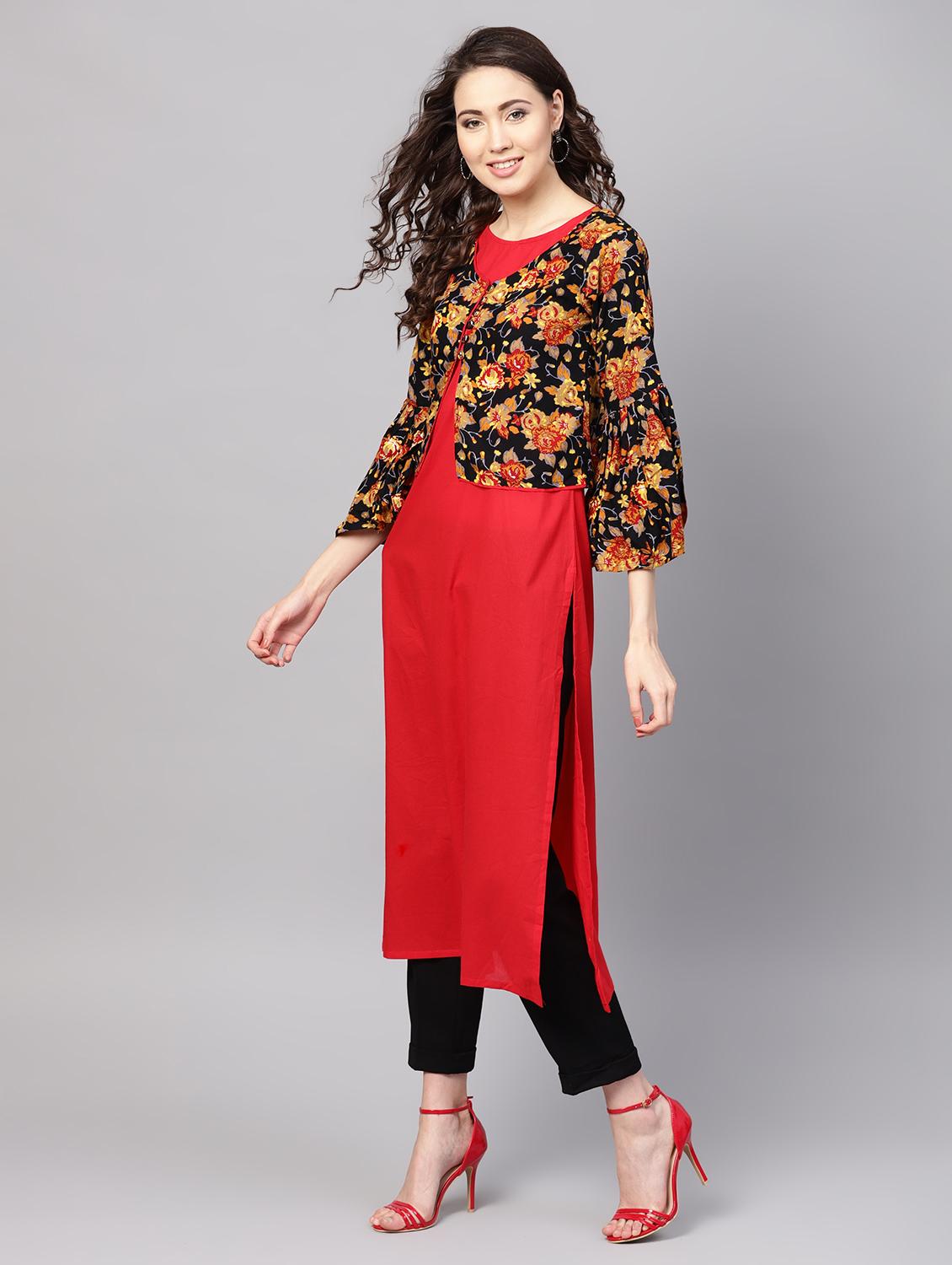 solid straight kurta with jacket - 16546551 - Zoom Image - 2